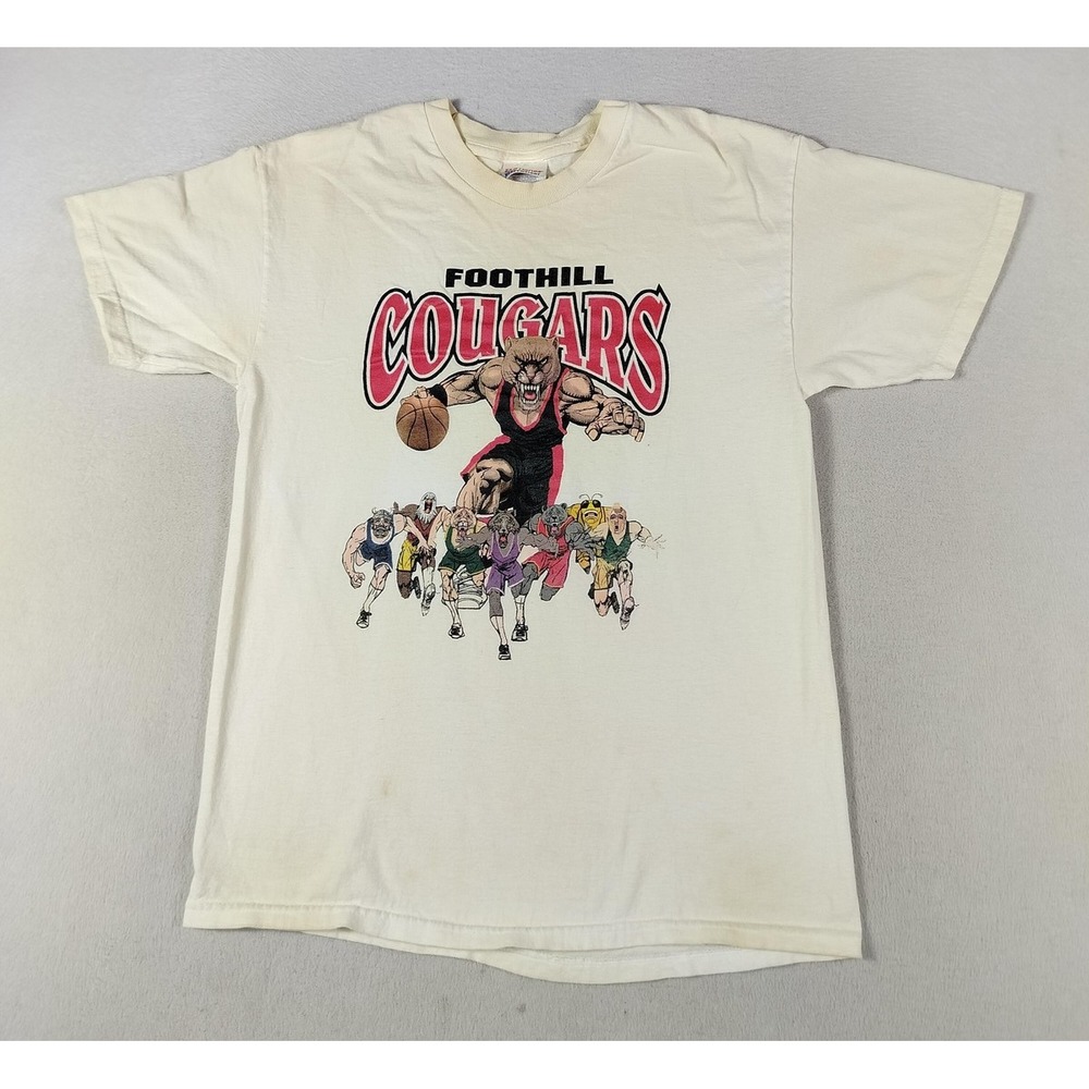 Vintage 90s Hanes Foothill Cougars Shirt Mens Medium White Basketball Graphic